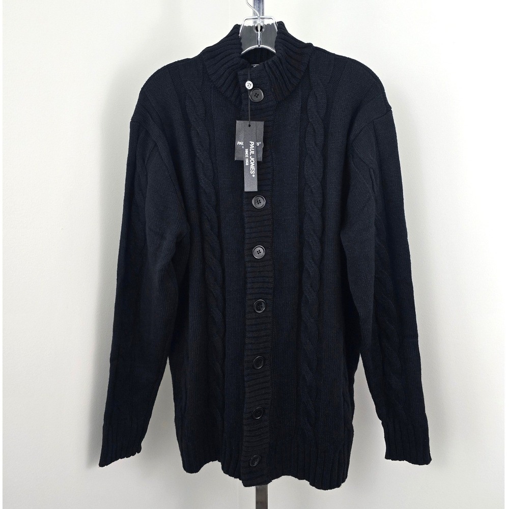 Paul Jones Button‎ Up Mock Neck Long Sleeve Cardigan Sweater Black L